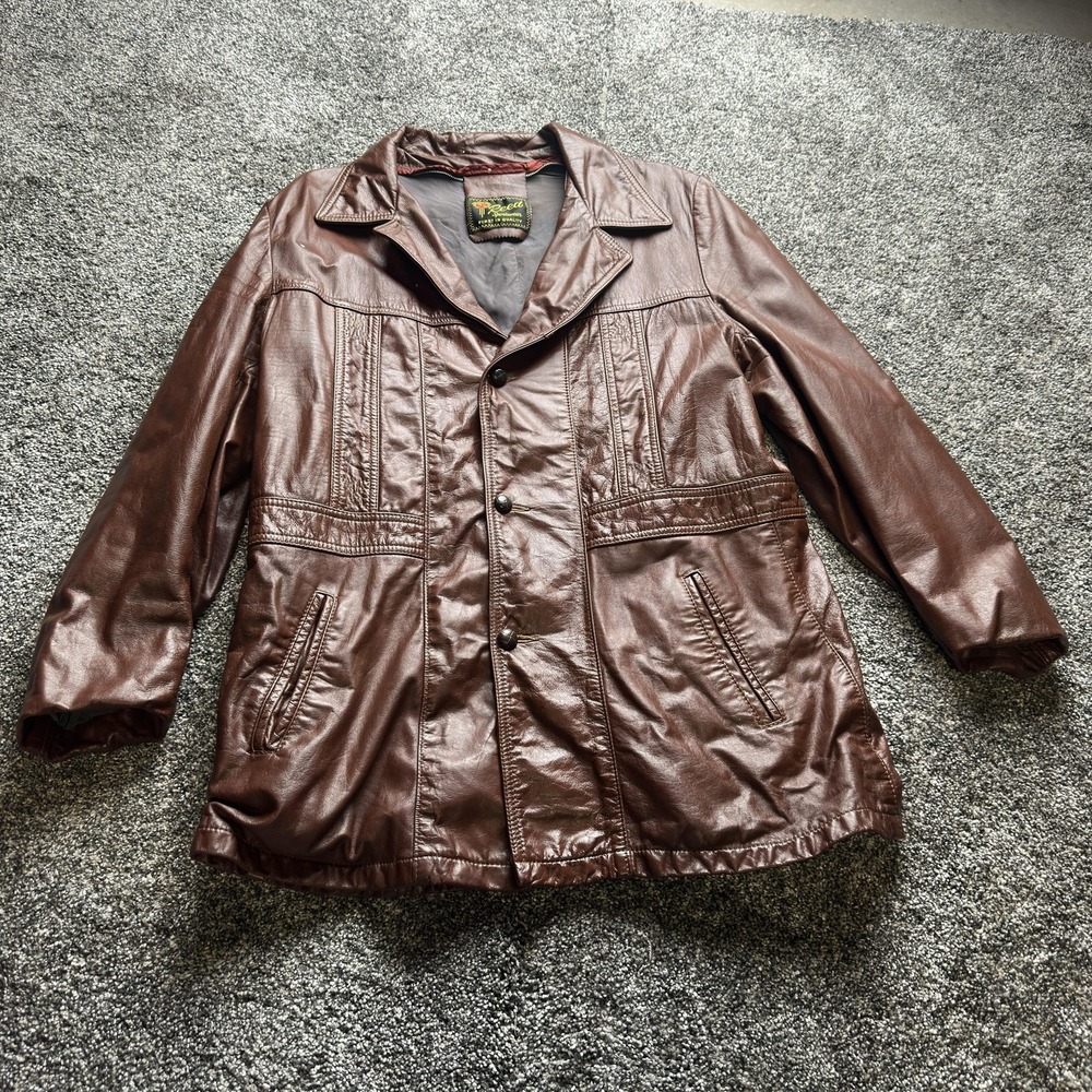 Vintage Reed Sportswear Jacket Mens 44 Brown Leather Overcoat Lined Pockets